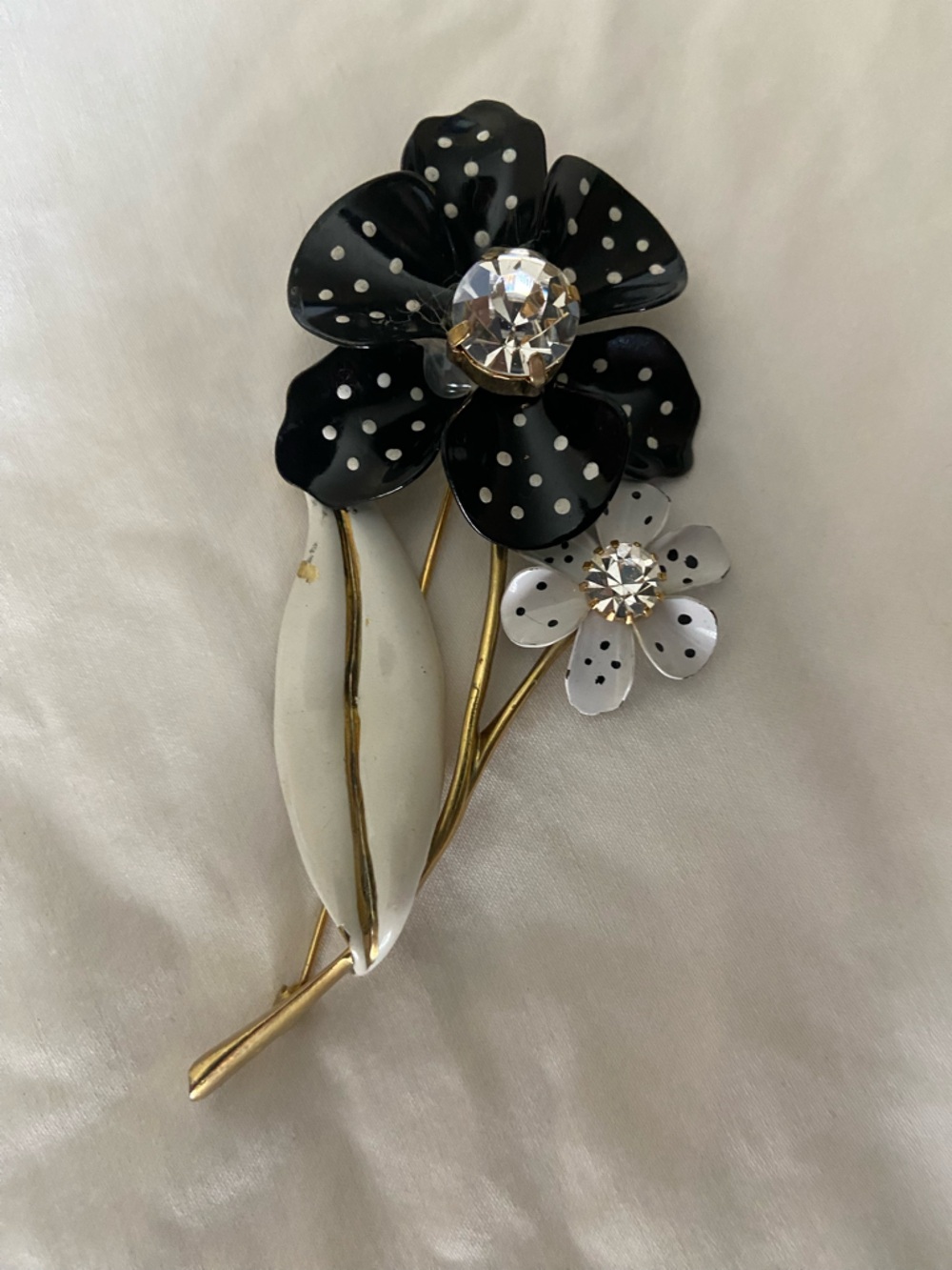 Polka Dot Black & White Flower Brooch with Crystal Center